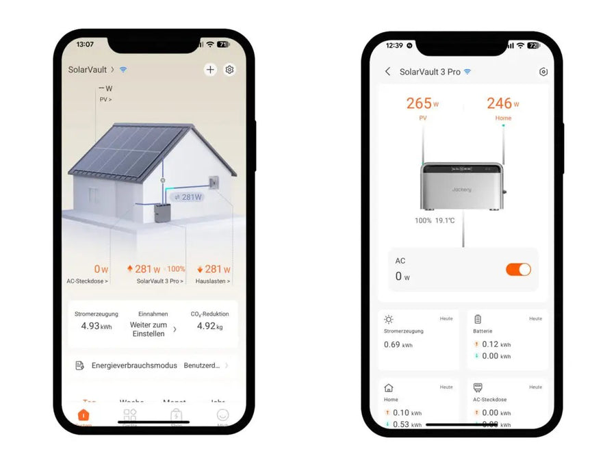 Jackery-app op twee telefoons met de energiestromen en de status van de SolarVault