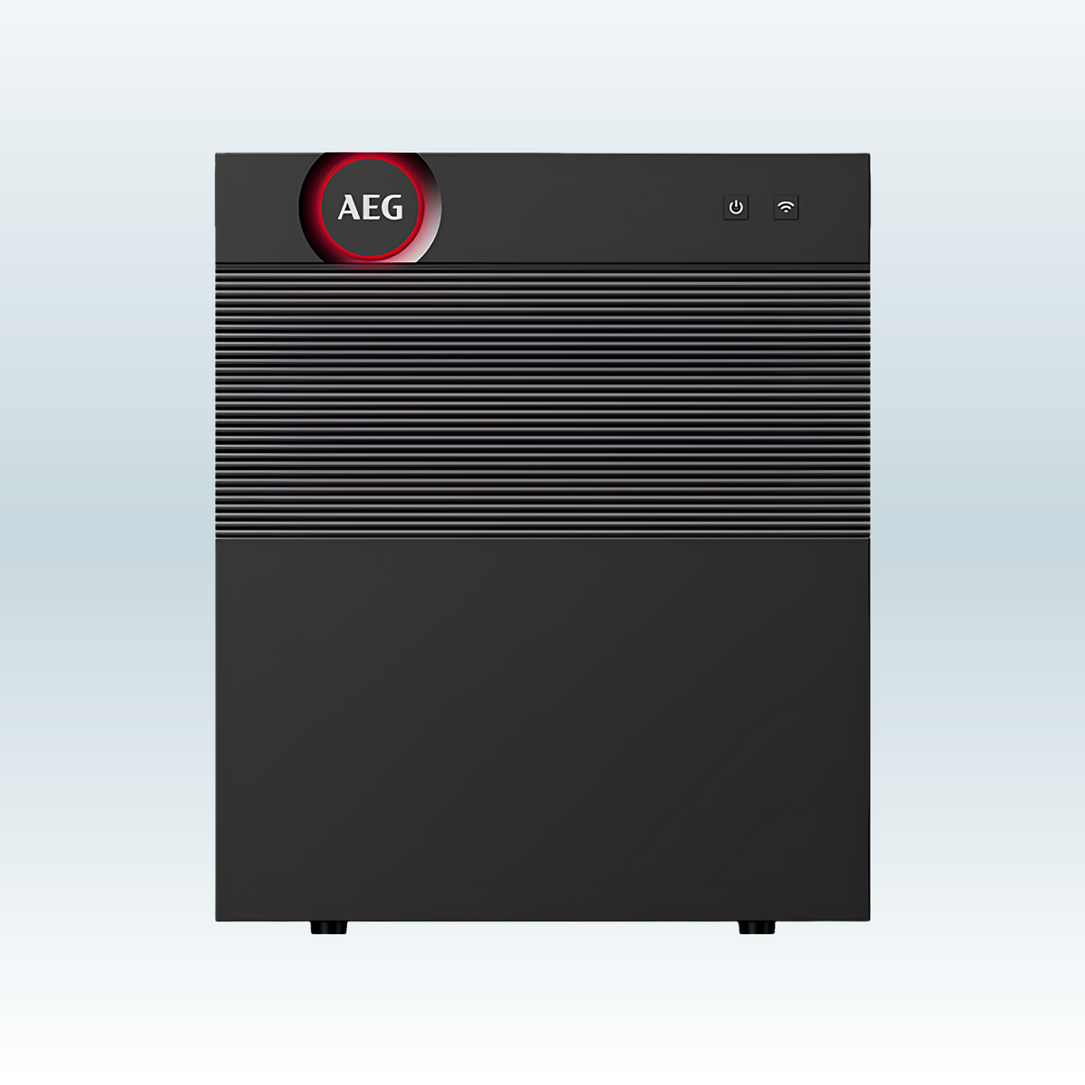 AEG Solarcube Pro van voren, zwarte behuizing met rood omrand AEG-logo en horizontale ribbels
