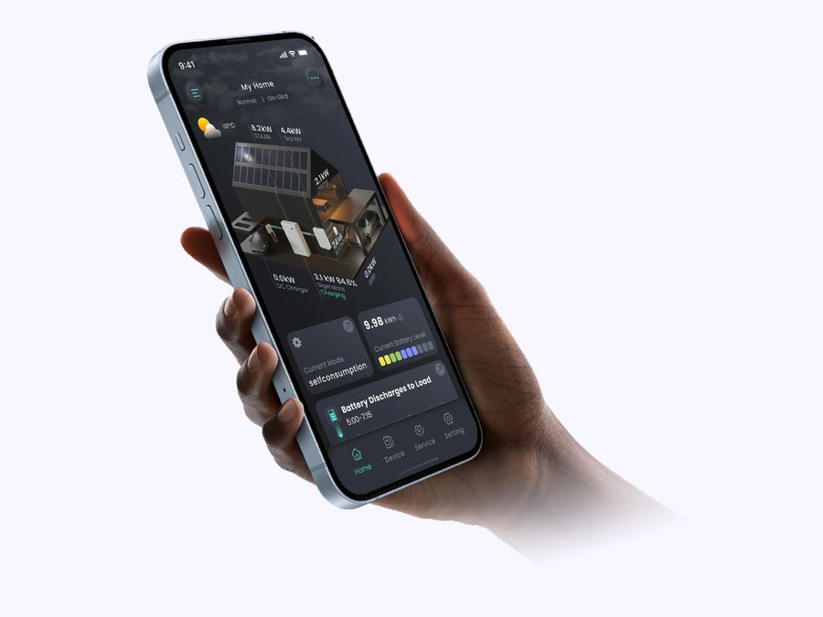 mySigen-app op een telefoon met energiestromen, batterijniveau en de werkmodus